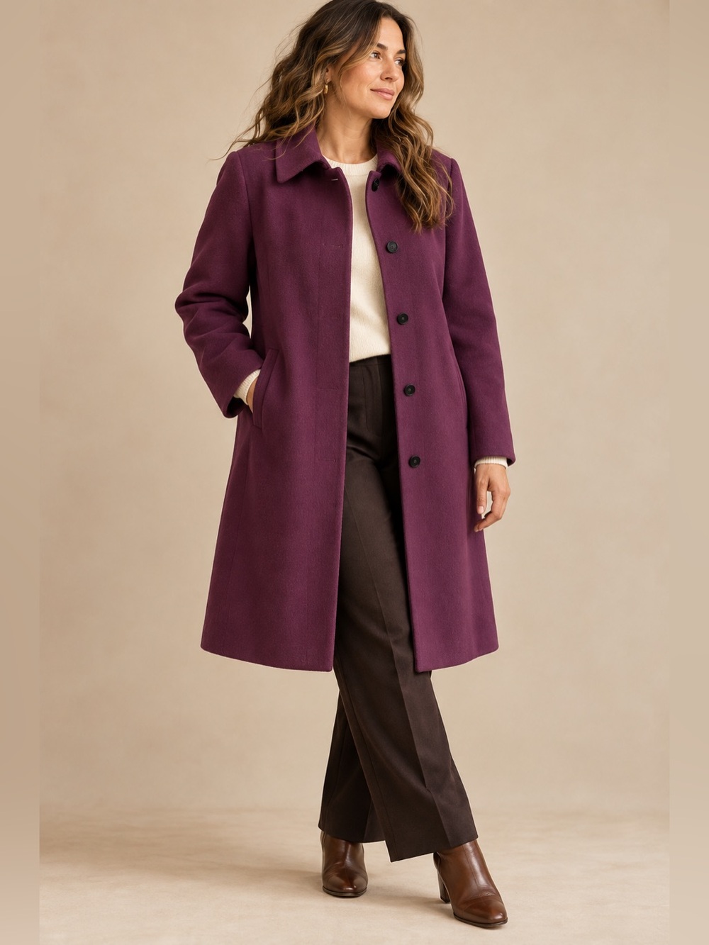 Vintage Harvé Benard 100% Wool Plum Purple Long Coat Women’s Size 16